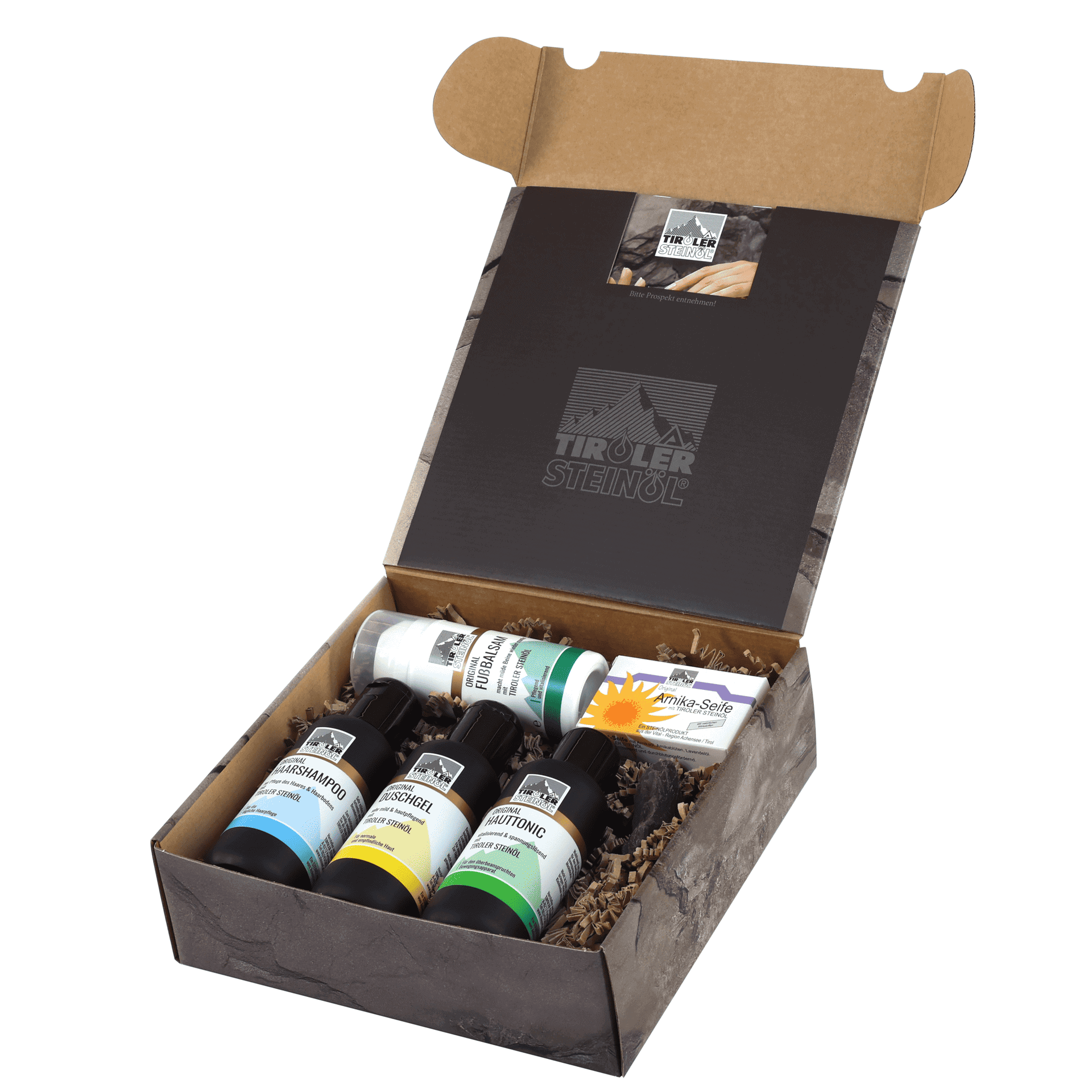 Geschenkbox mit Tiroler Steinöl Produkten.