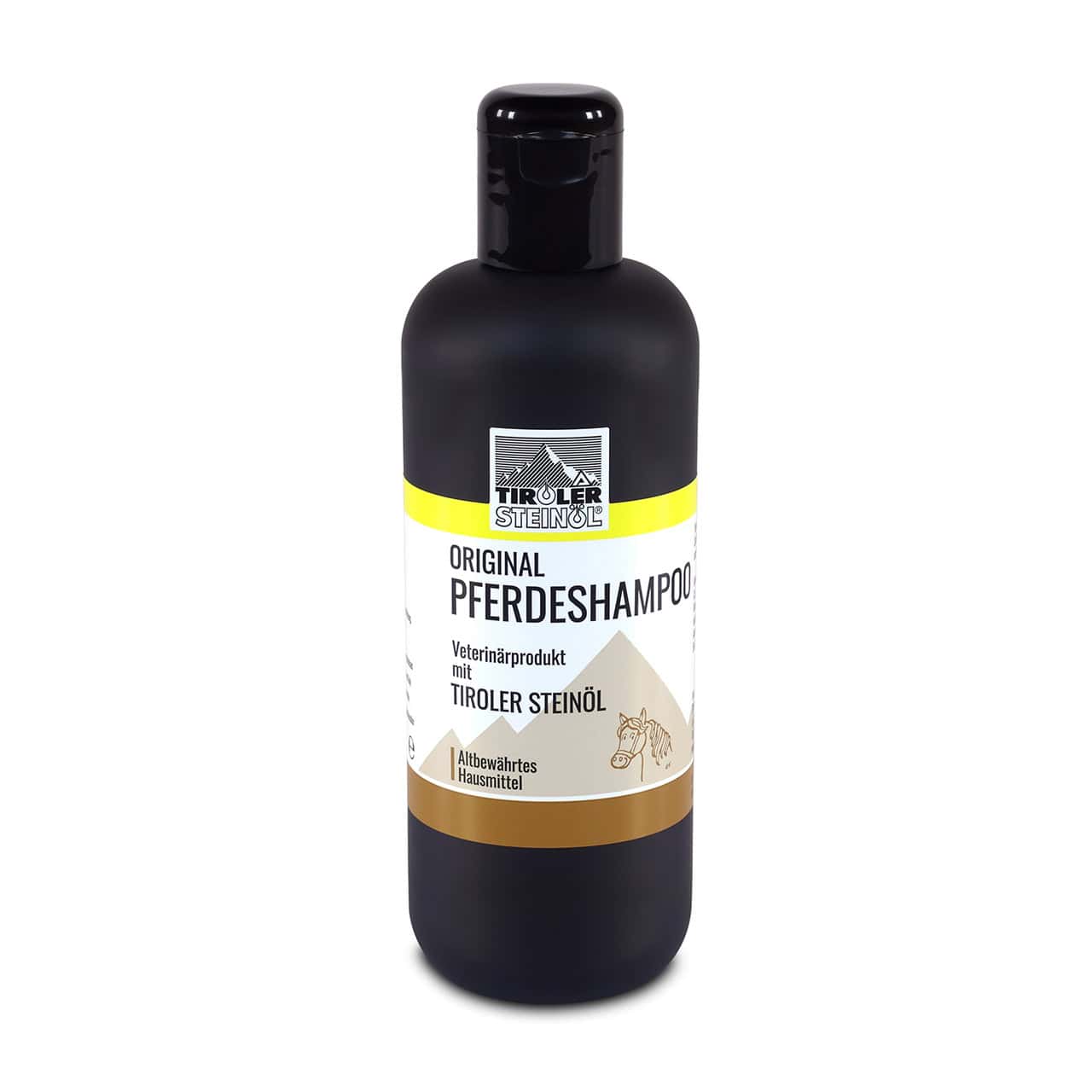 Pferdeshampoo in schwarzer Flasche mit Etikett