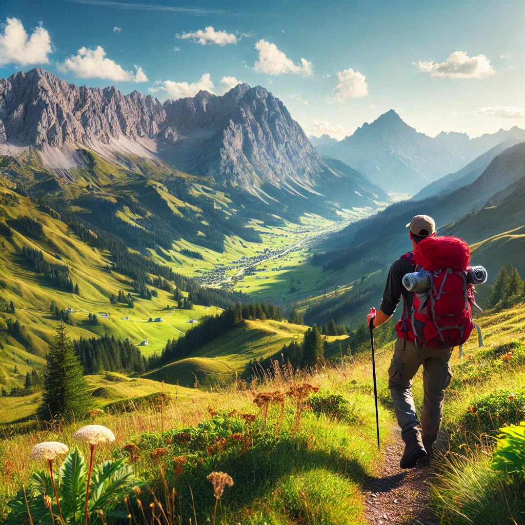 dall·e 2024 08 07 11.22.04 a scenic view of hikers in the austrian alps during a sunny day. the landscape features majestic mountains, lush green meadows, and a clear blue sky.